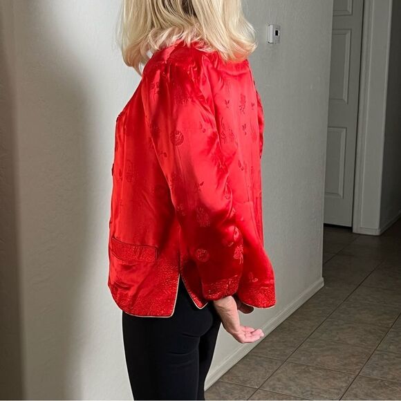 Silk Jacket Quilted Red Gold Boxy Split Hem 3/4 Sleeve Reversible Floral M - Picture 13 of 14